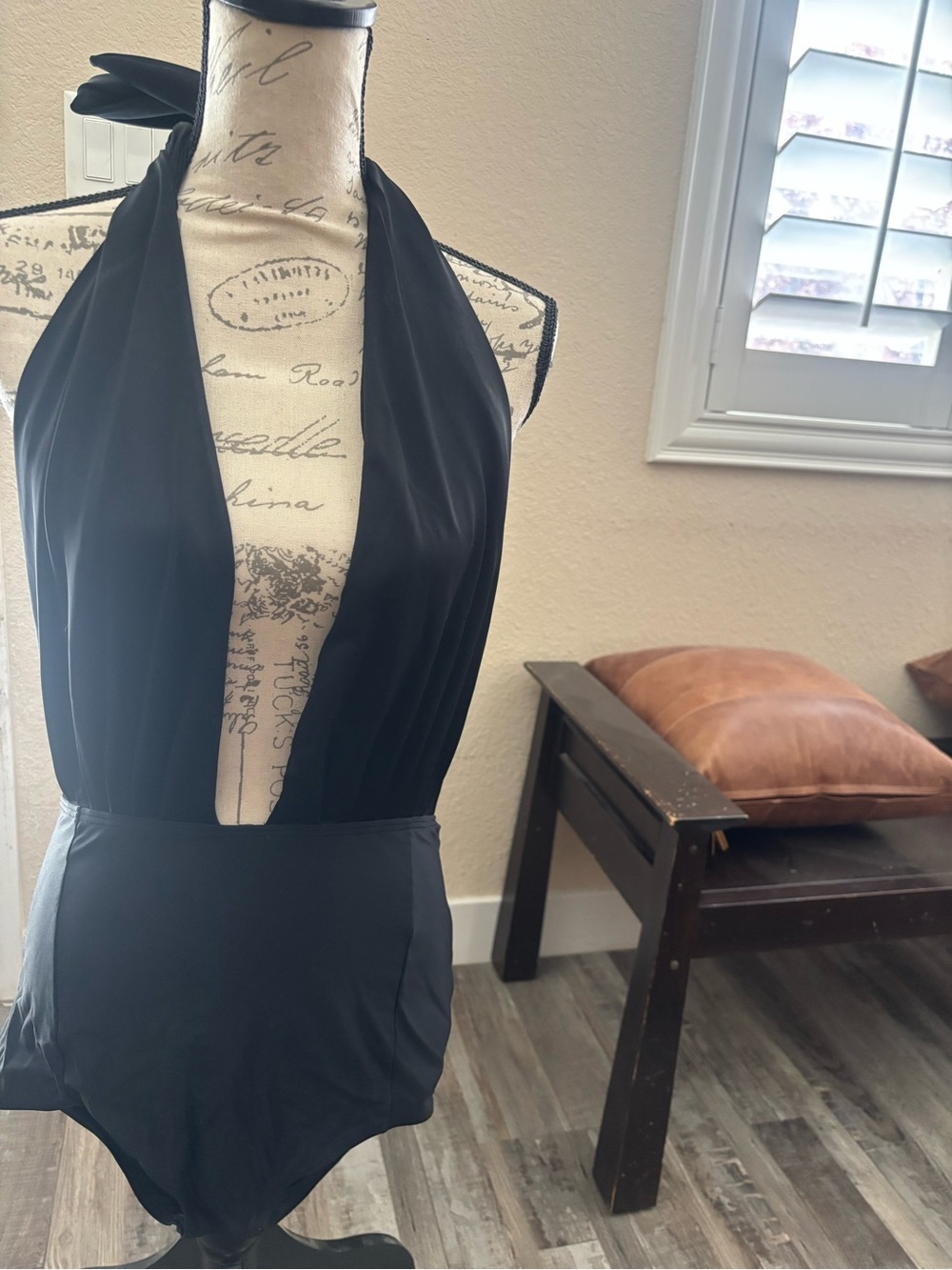 Black Plunge Halter One-Piece Swimsuit